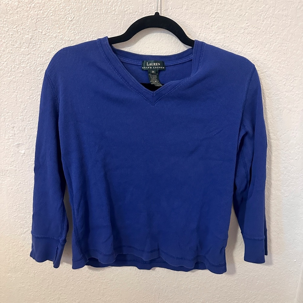 Ribbed Polo Ralph Lauren Blue Cropped V-Neck